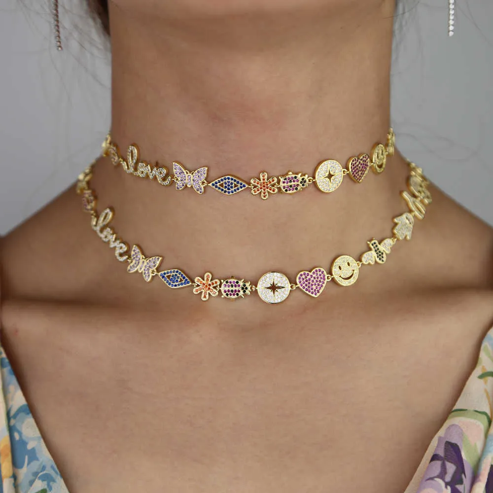 Fashion rainbow cz paved multi charm necklace for women lady wedding short choker heart smile eye kiss pendant jewelry gift 210721