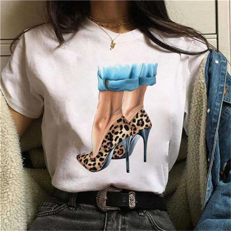 ZOGANKIN Femmes Noir T-Shirt D'été Nouvelle Mode Léopard À Talons Hauts À Manches Courtes Imprimer Vêtements Dames Graphique Tops Femme Vêtements X0527