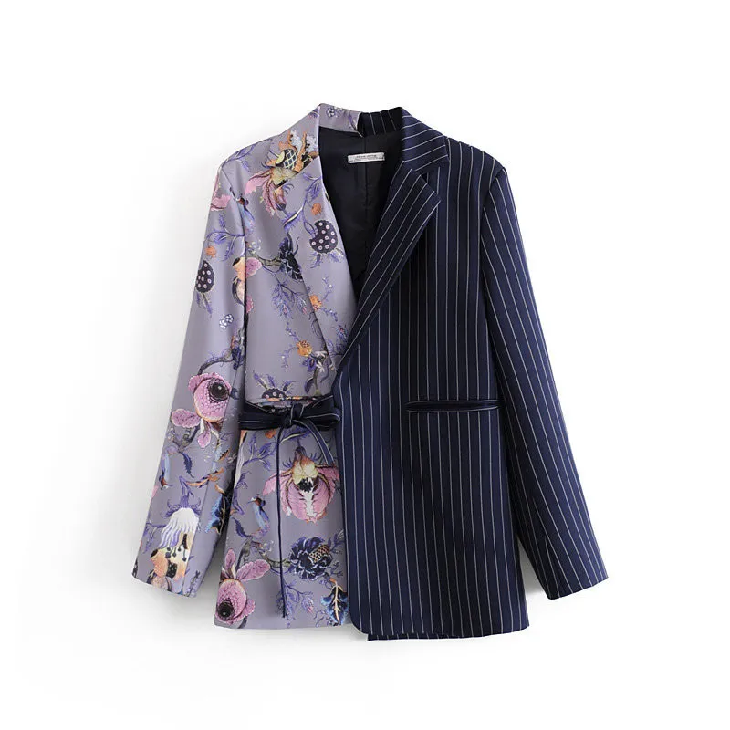 [EWQ] Spring Sweet Women Jacket Långärmad Striped Stitching Blazer Ladies Office Coat Asymmetric Suit Coats Passar Outwear 210423