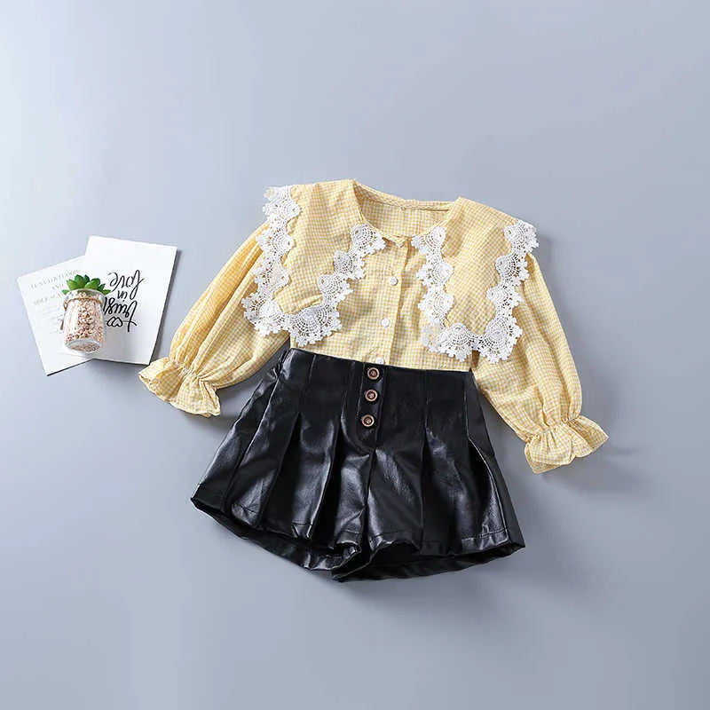 2-7 лет Высококачественная девушка одежда набор Осень мода плед розовая желтая рубашка + кожаные брюки детская детская одежда 210615