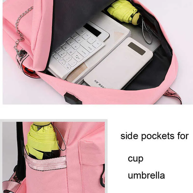 Winmax Luminous USB Charge kobiety plecak mody litery drukuj szkolna torba nastolatka dziewczęta wstążki plecak mochila sac a dos 210922