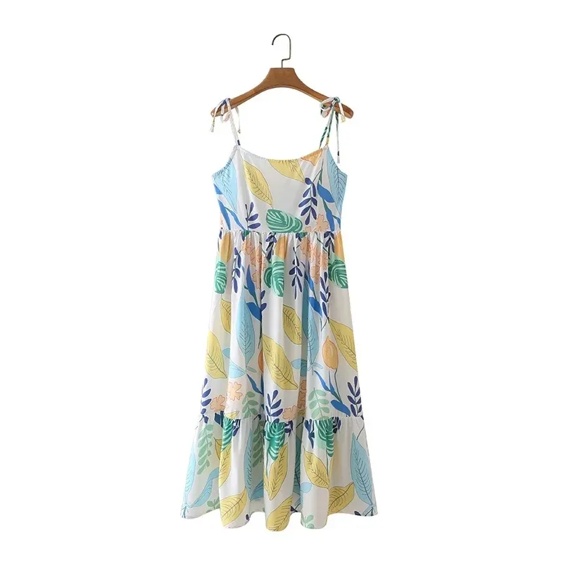 Zomer vrouwen kleurrijke blad print jarretel midi swing jurk vrouwelijke tiered ruche kleding casual dame losse vestido D7775 210430