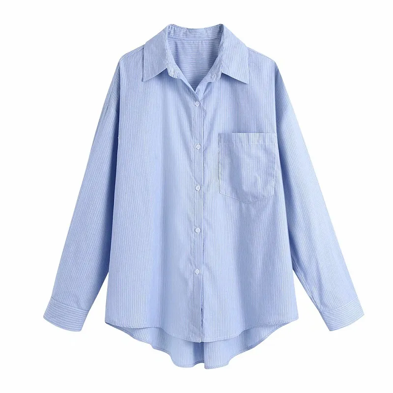 Blue Oversized Striped Poplin Shirt Dames Zomer Casual Button Up Woman Shirts Lange Mouw Asymmetrische Hem Dames Tops Zakken 210430