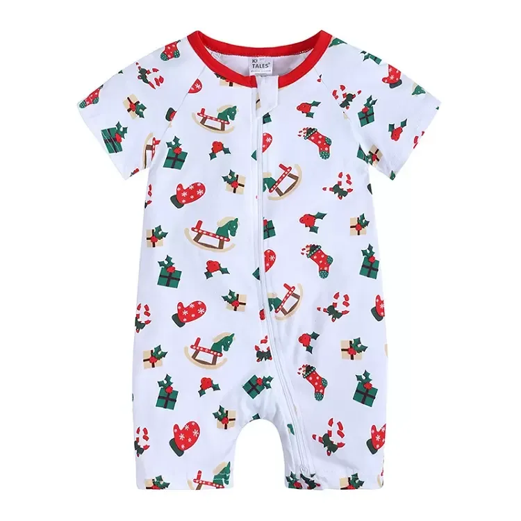 Summer Christmas Baby Pagliaccetti Cute Newborn Kids Girl Casual Pantaloncini a maniche corte Alberi di Babbo Natale pupazzo di neve con cerniera stampata Tute abbigliamento bambini