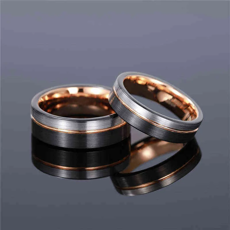 TIGRADE Bague Hommes Tungstène Noir Rose Or Ligne Brossé 6/8mm Alliance De Fiançailles Hommes Parti À La Mode Bague Homme 211217