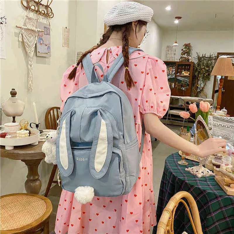 Kawaii Bunny Backpack Japanese White High School Girl School Bag 3D Rabbit Tail Bag Large Capacity Waterproof Female Bag Mochila Y235b