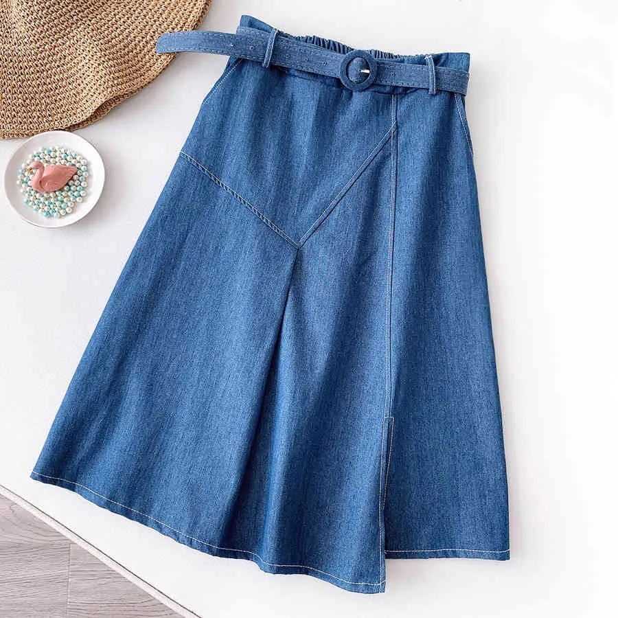 Casual Women Skirts elastic waist embroidery lovely denim knee length skirts with belt students school Grils 210524