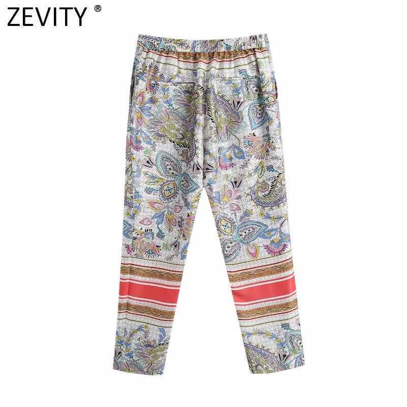 Zevity Femmes Vintage Rayé Patchwork Noix De Cajou Impression Satin Pantalon Rétro Femme Zipper Fly Chic Cheville Longueur Pantalon P1017 210925