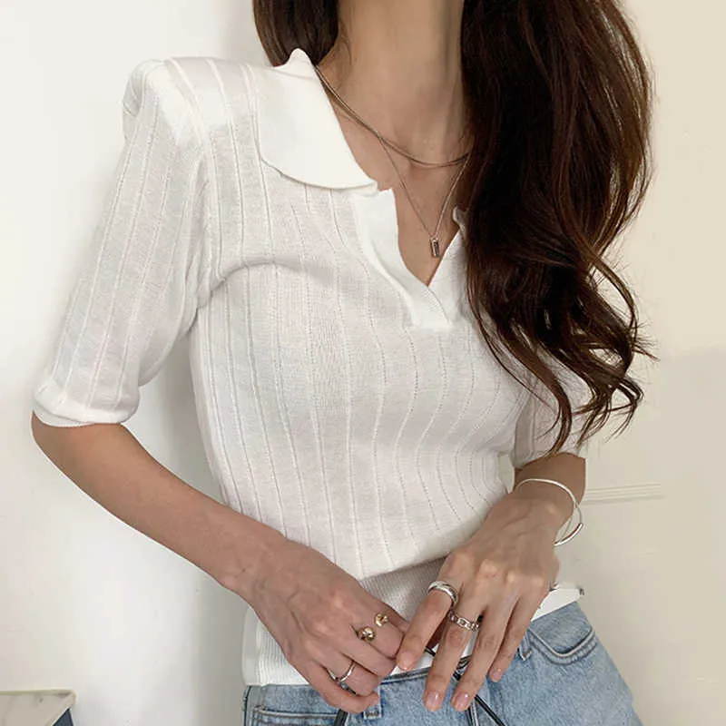 Korejpaa Frauen T-Shirt Sommer Korean Temperament Revers Pitleiste Textur Slim Dünne Schulter Pads Fünf-Punkt-Ärmel Strick Top 210526