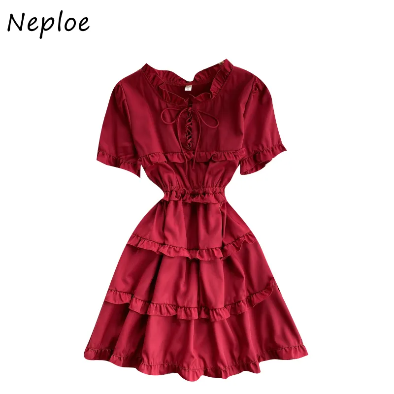 NEPLOE elegante orelha de madeira retalhos vestido feriado mulheres cintura alta quadril uma linha magro vestidos verão manga curta robe 210510