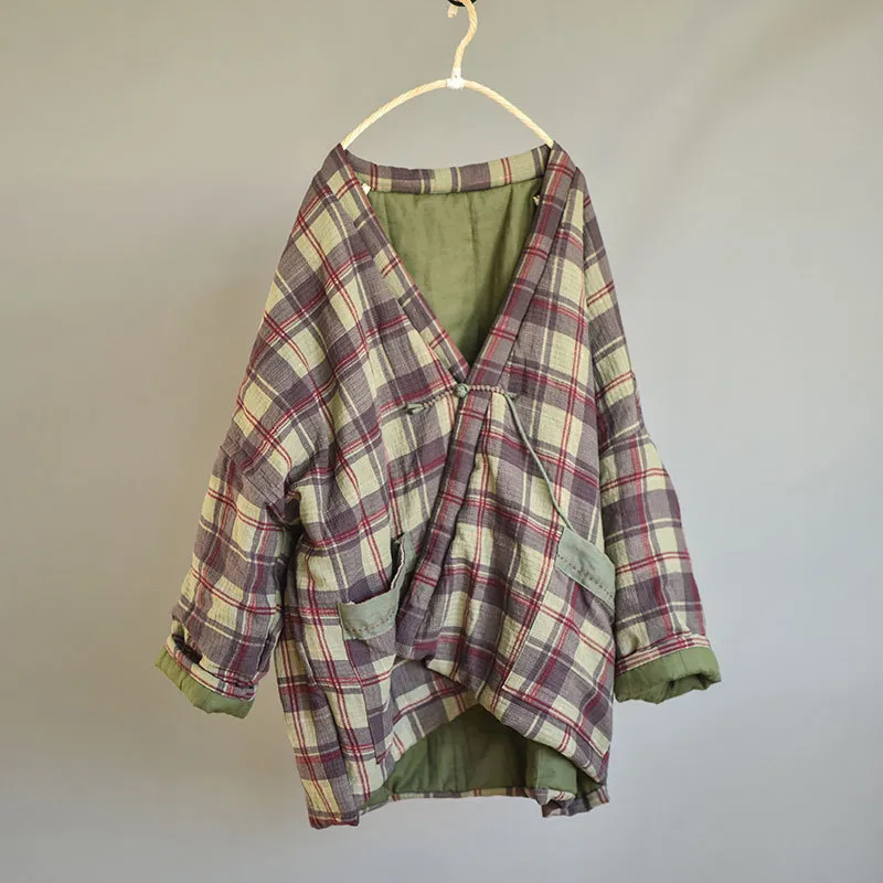 Johnature Jesień Zima Retro Plaid Pojedynczy przycisk Grube Ciepłe Bawełniane Parkas Luźne Wygodne Wszystkie mecze Kobiety Parkas 210521