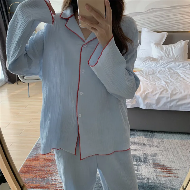 Chic Femme Vintage Sweet Casual Soft Color-Hit Sleepwear Stylish Women Loose Homewear Cotton Pyjamas Sets 210525