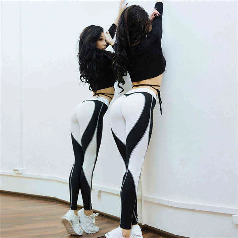 Heart Shape Leggings Women Red Black Color High Waist Pants Patchwork Printed Leggins Big Size Elastic Fitness 211215