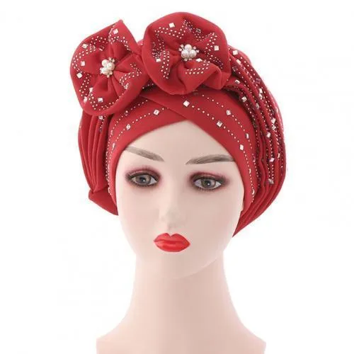 Beanie / Skull Caps Women African Headtie Glänsande hudvänlig Rhinestone Knot Headwrap för Fashion Hijab 2021