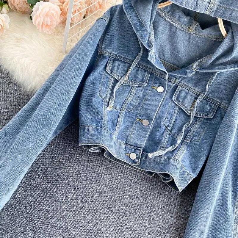 All-Match vintage hög midja casual höst långärmad hooded cropped denim jacka kläder mode toppar jeans coat streetwear 210610