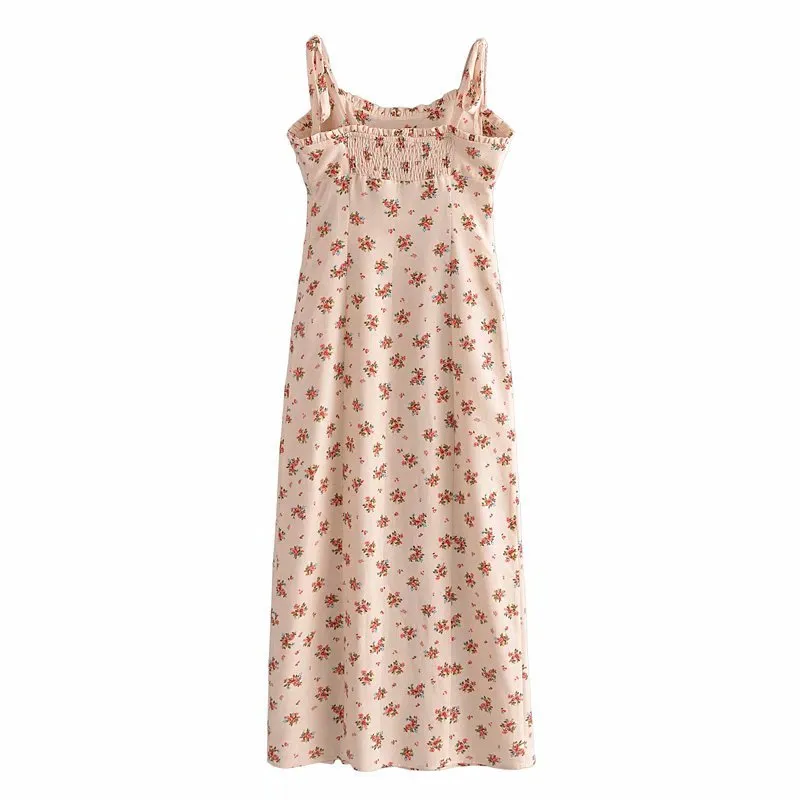 VUWWYV Kleider Frauen Beige Blumendruck Slip Midi Frau Sommer dünner Riemen rückenfrei Strand Vintage Sommerkleid 210430