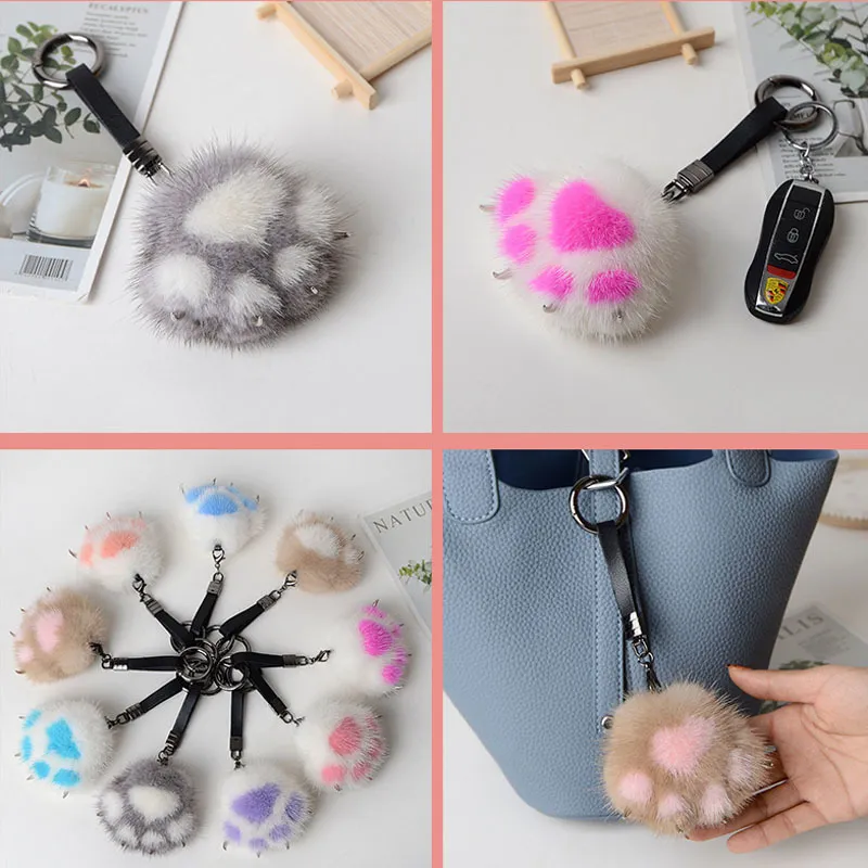 Kawaii Kvinnor Creative Mink Fur Cat Paw Chain Cute Bag Charm Ornaments Mjuk Pompom Plush Bear Claw Ring Car Key Pendant