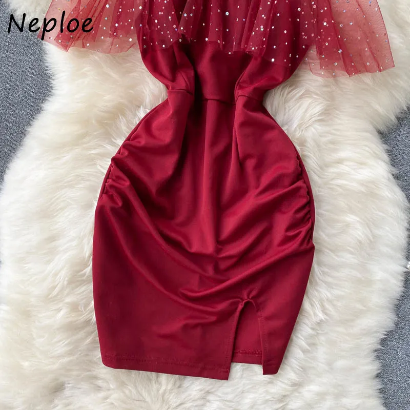 Neploe Mesh Sequined Patchwork Ruffles Party Dress Mujeres Cintura alta Hip Bodycon Vestidos Pullover manga corta Solid Robe Summer 210423