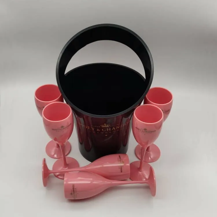 Moet Chandon Black Ice Bucket and Pink Ving Glass Acrylic Goblets Champagne Glasses Wedding Bar Party Bottle Cooler 3000ML229J