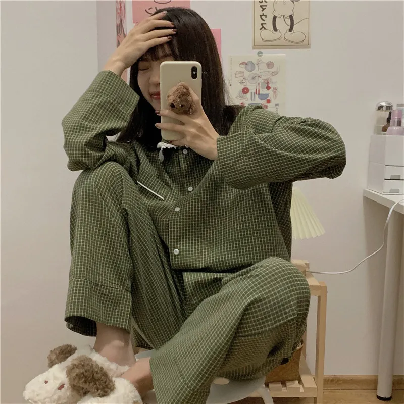 Grön Chic Jul Söt Koreansk Loose Homewear All Match Lace SleepWear Women Girls Pyjamas Sets 210525