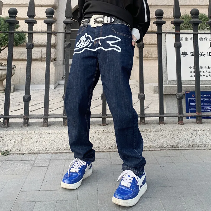 Flying Dog Print Straight Loose Jeans Mens High Street Oversize Casual Denim Trousers Harajuku Washed Hip Hop Jean Pants