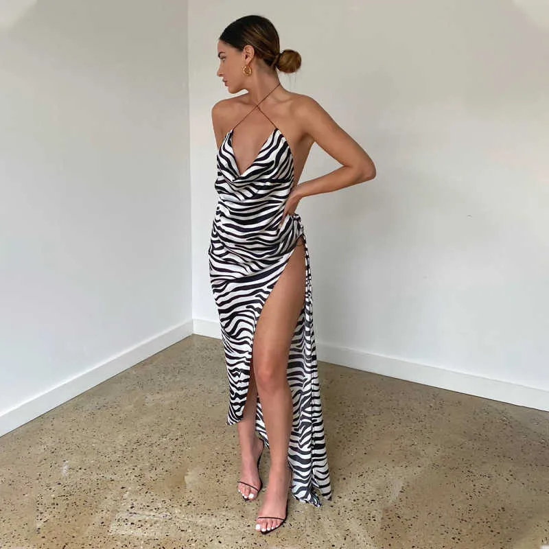 Zebra Print Satin Women Halter Midi Dress Sexy Deep V Slit Ruched Backless Lace Up Loose Casual Festival Party Club Summer 210526