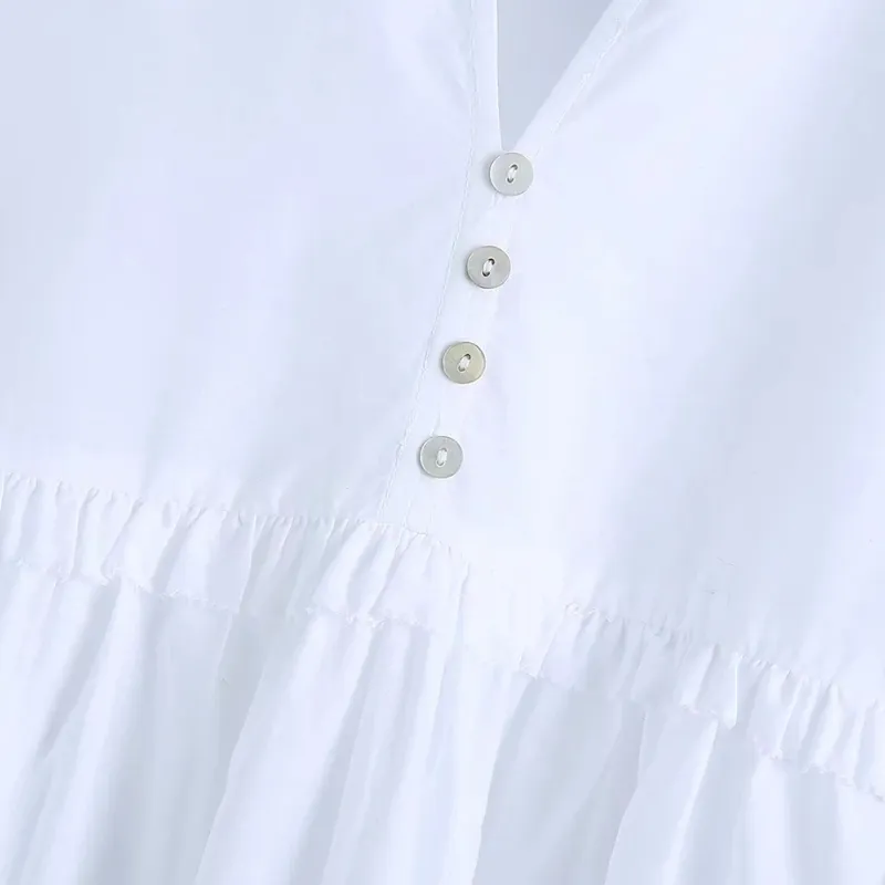 女性刺繍スプライシングホワイトティアードフリルミニドレス女性Vネックランタンスリーブ服カジュアルレディースルーズヴェスティドD7391 210430