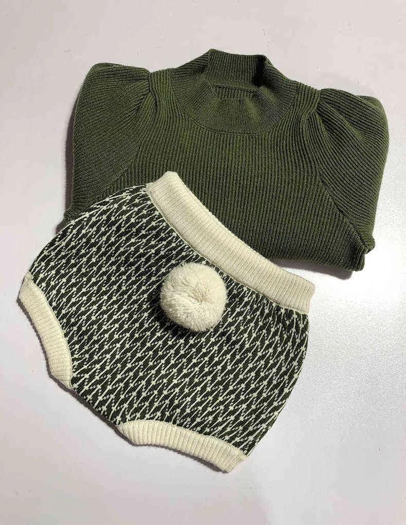 Baby Girls Sweater Children Knitwear 100% Woolen Knitted s Clothes Puff Sleeve Pompom Kids Pullover For Girl 211201