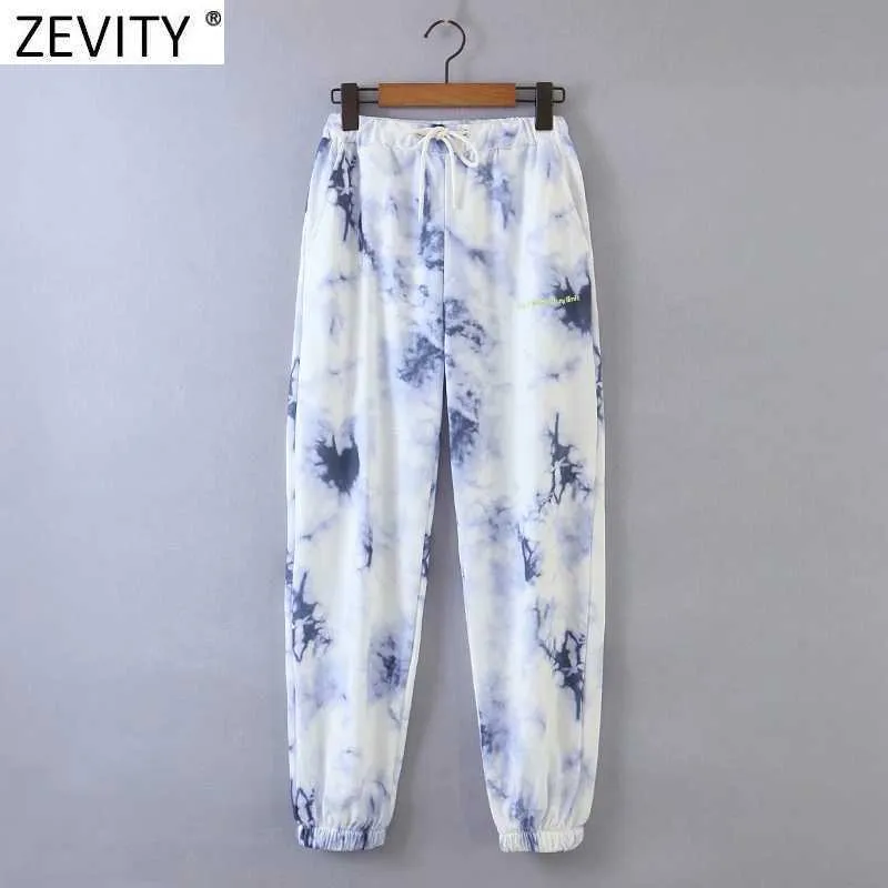 Zevity kvinnor vintage slips färgad målning jogging byxor chic kvinnlig elastisk midja bokstäver broderi casual pantalones mujer p1022 210603