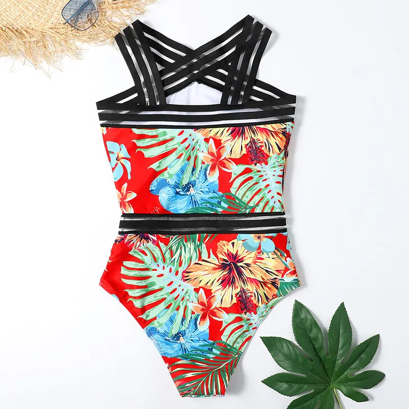 Maillot de bain sexy Femmes Feuille Imprimer Maillots de bain Femme Mesh Patchwork Maillot de bain Summer Beach Wear Swim Bather Lady 210521