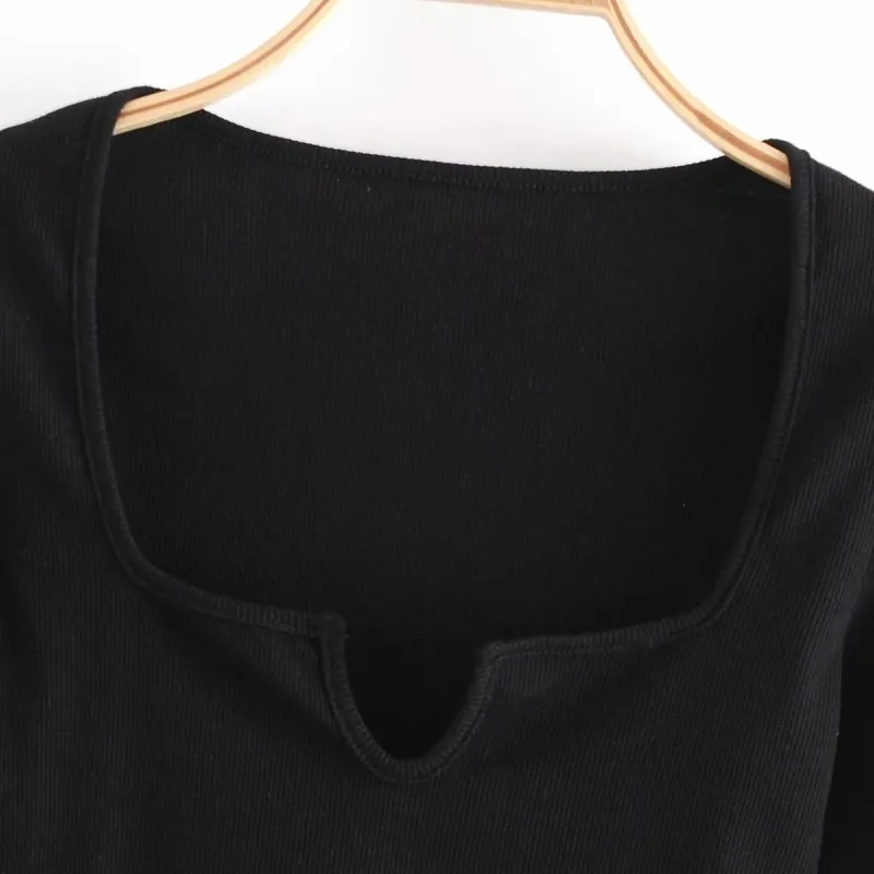 Spring Women Square Collar Black Stickning Short T Shirt Casual Femme Långärmad Slim Crop Tops T1390 210430