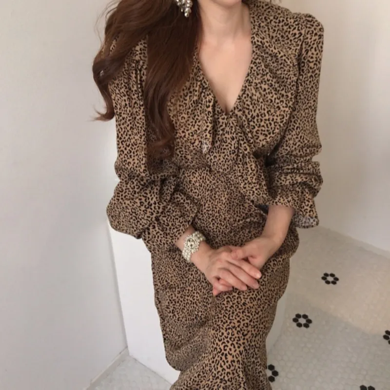 Korobov koreaanse vintage sexy luipaard print vrouwen jurk herfst lange mouw hoge taille robe femme elegante kantoor dame jurken 210430