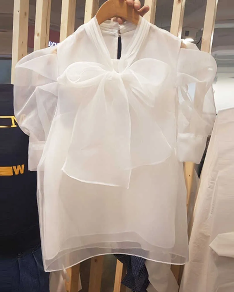 Summer Design Bow Puff Sleeve Biały Szyfonowa Koszula Kobiety Tops Bluzka 210615