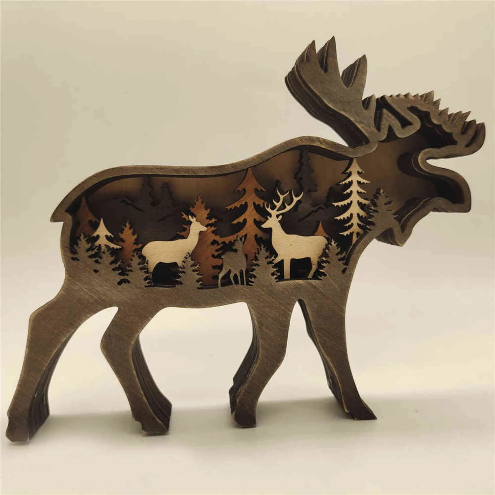 Christmas Decoration Wooden Hollowed Small Elk and Brown Bear LED Light Cute Desktop Ornaments Home Decor Accessories 211108