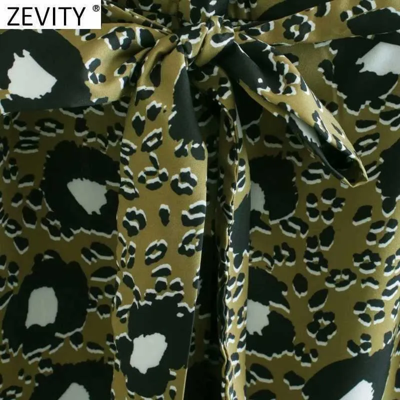 Zevity Women Vintage Turn Down Collar Leopard Print Bow Tie Tie Sashes Koszula Sukienka Femme Z Długim Rękawem Casual Slim Midi Vestido DS4945 210603