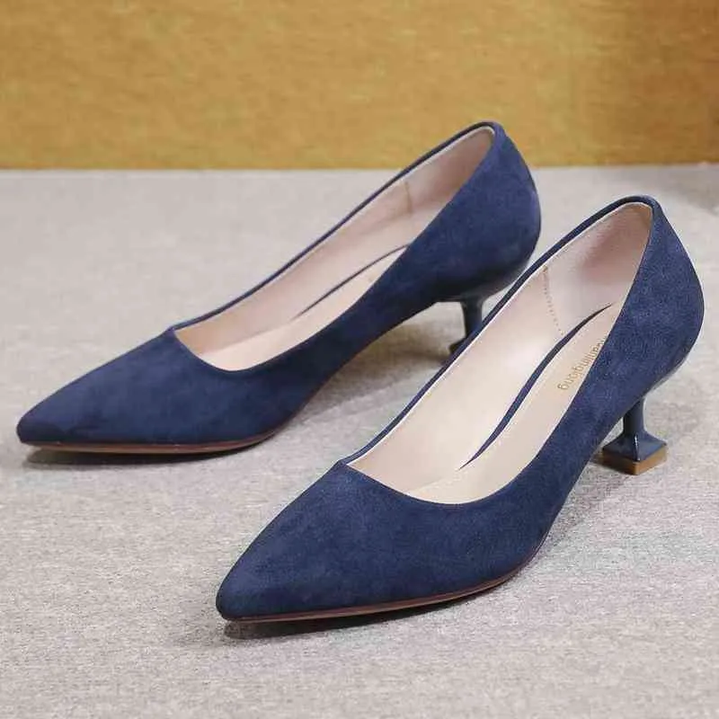 Dress Shoes High Heels New Stiletto Pointed Toe Wideth Women's Black Red Blue Beige Kid Suede Leather Work Pumps Large Size S0002 220303