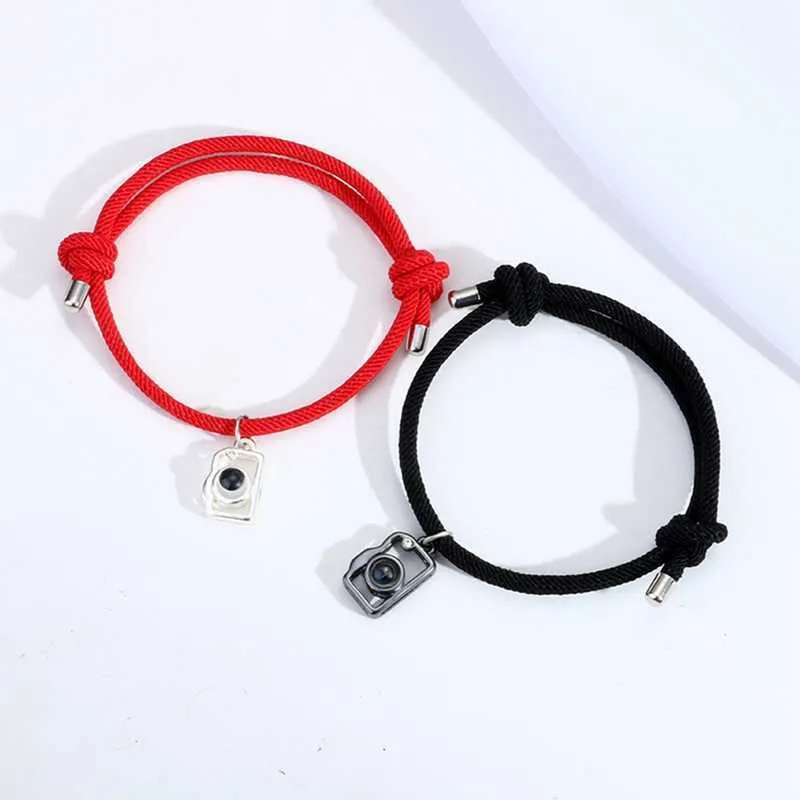 Rood en zwart touw paar armband magneet projectie steen 100 talen ik hou van je Valentijnsdag armband G1026