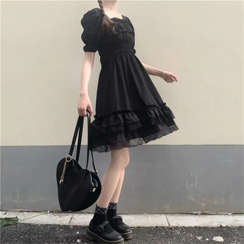 Japanese Lolita Style Women Princess Black Mini Dress Slash Neck High Waist Gothic Dress Puff Sleeve Lace Ruffles Party Dresses 210322