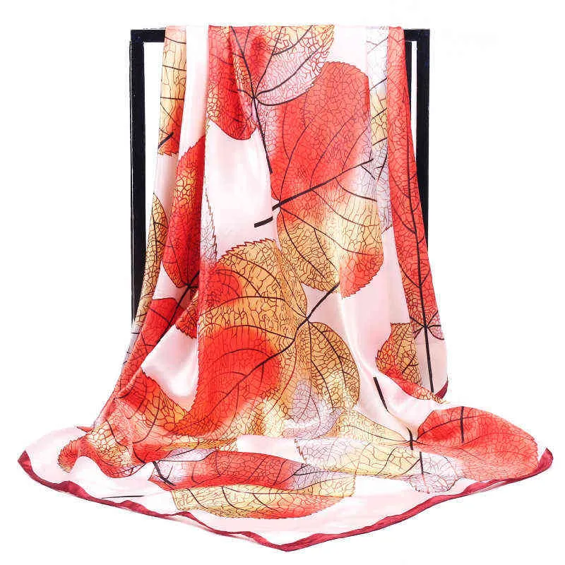 2020 Fashion Leaf Silk Scarf for Women Foulard Soft Satin Shawl Leopard Print Hair Neck 90*90cm Square Neckerchief Scarves Hijab Y1108