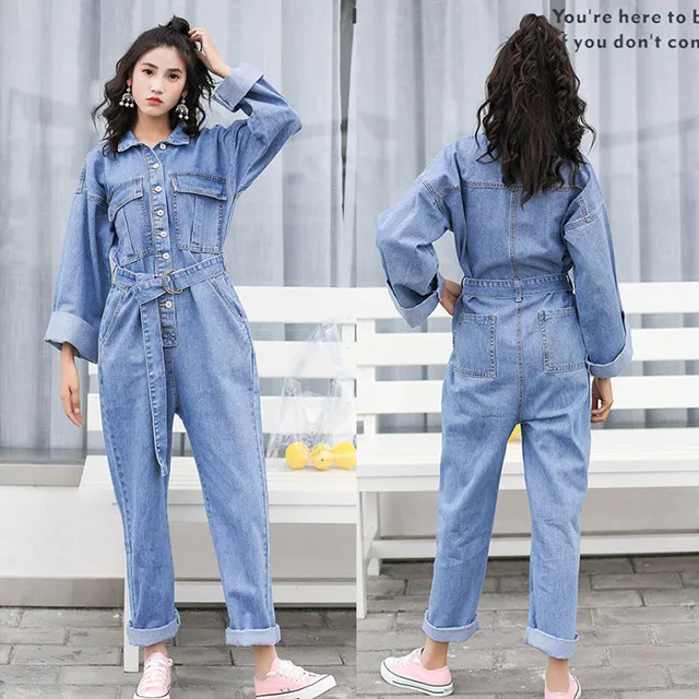 Kvinnor denim jumpsuit romper långärmad kvinnor lösa lapel enkelbröst jeans jumpsuit damer denim byxor brett ben overall 210326