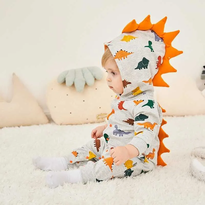 Printemps et automne Trendy Dinosaur Design Serrate Combinaison à capuche pour bébé garçon vêtements 210528