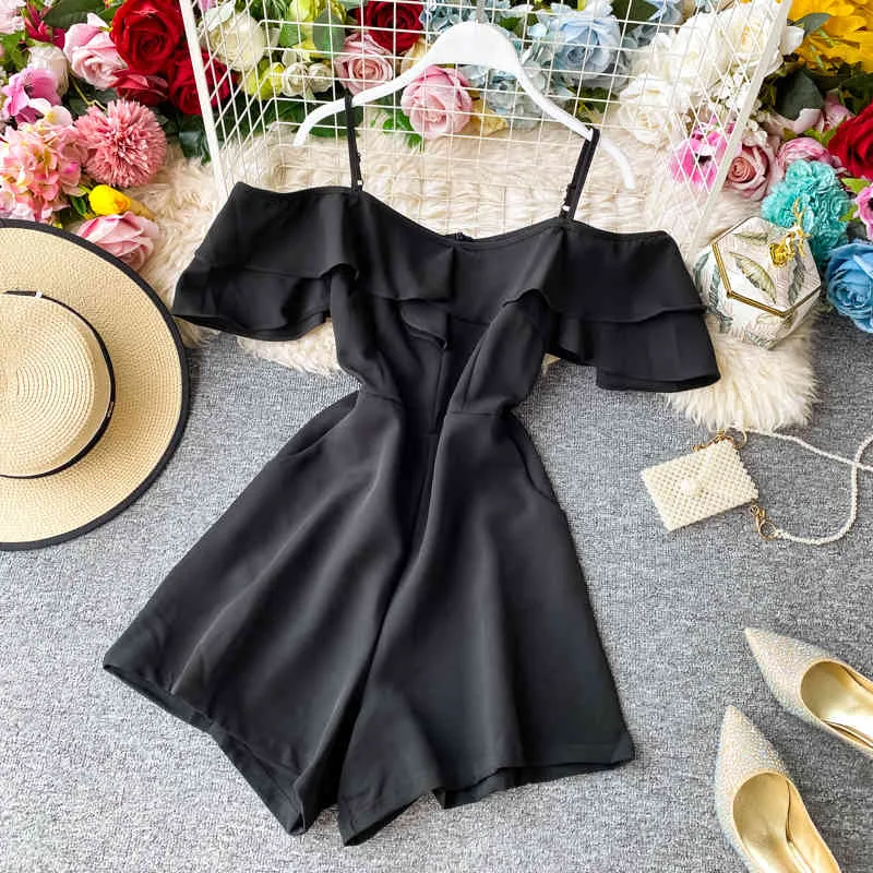 Kvinnor strand Romper Fashion Ruffles Off Shoulder Slim High Waist Shorts Jumpsuits Kvinna Sexig kropp Overaller Femme 210525