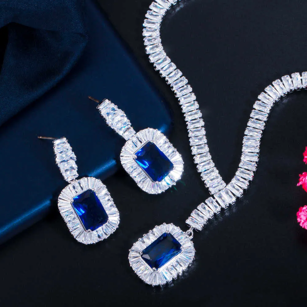 Bling Square Drop Dark Blue Cubic Zirkon ketting en oorrang feest sieraden set voor bruiloft bruiden T507 2107141739524