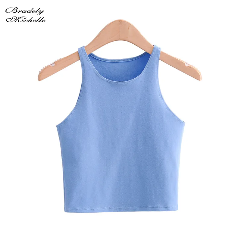 Bradely Michelle Lato Sexy Damska Streetwear Crop Top Elastyczna Bawełniana Bez Rękawów O-Neck Solidna Krótki Tank Bar 210322