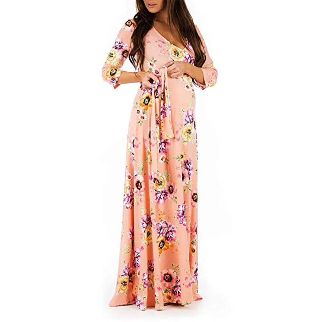 V-cou bohême robes de grossesse imprimer été à manches courtes taille haute maternité longue jupe robe pour femmes vêtements de maternité X0902