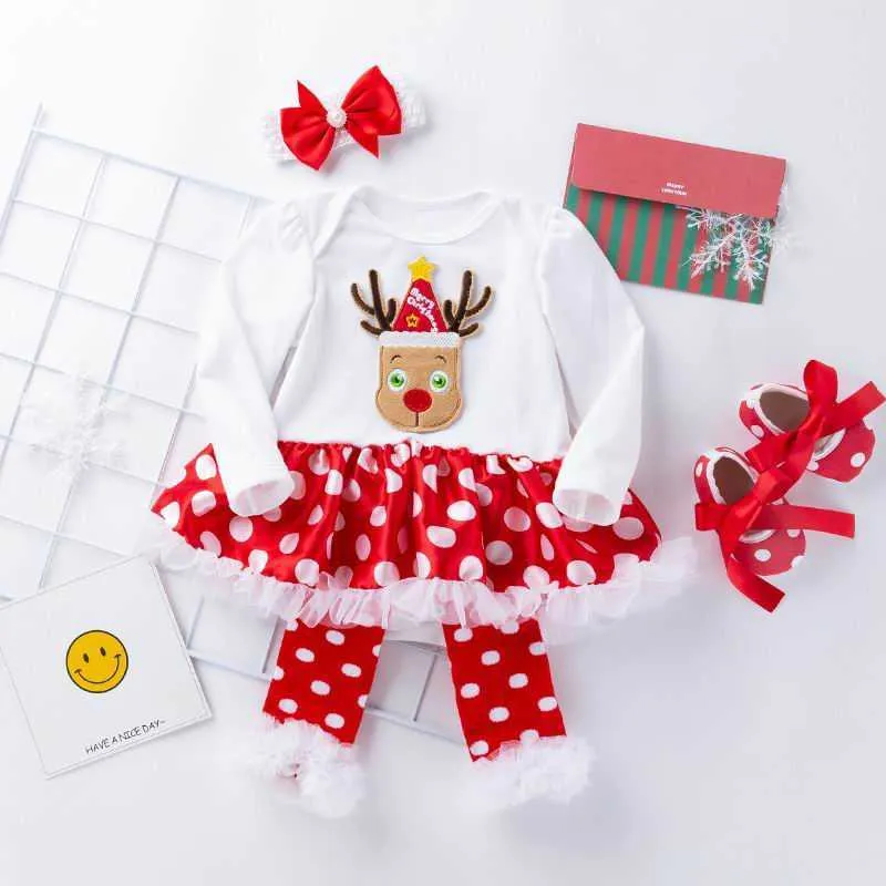 Baby Girl Christmas Sets Dress Bodysuit+Socks +Shoes+Headband Polka Dot Cotton Outfits born Clothes YK016 210610