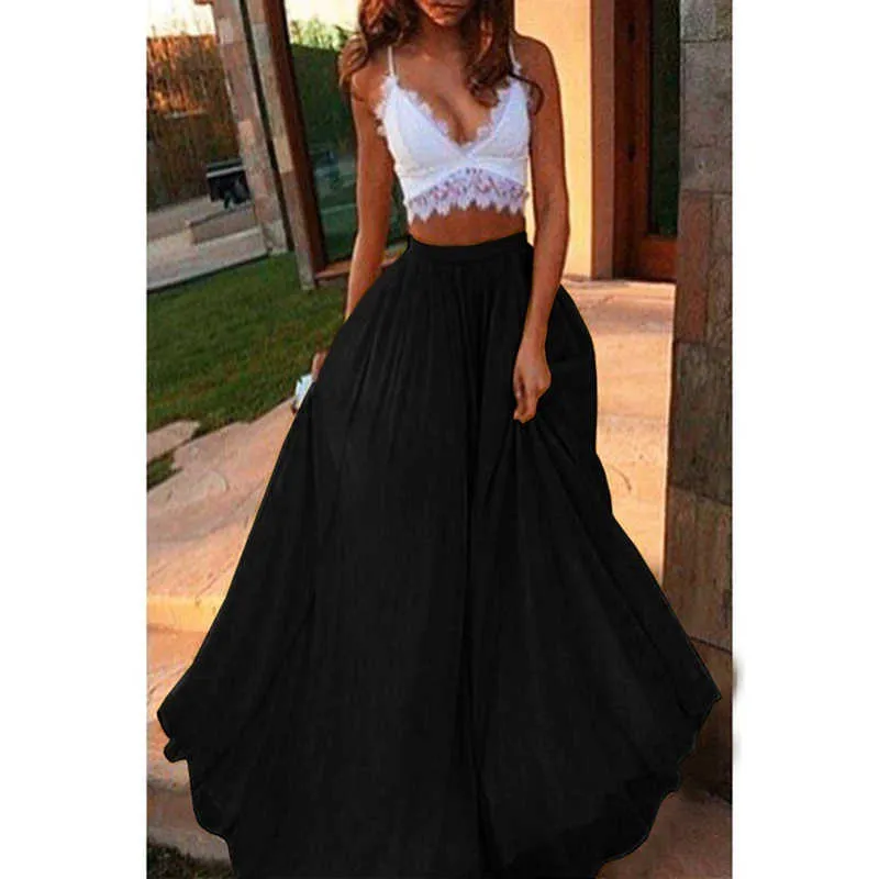 Falda larga de gasa elegante Color sólido verano otoño mujer cintura alta doble línea A estilo bohemio playa Maxi s Saias 210619