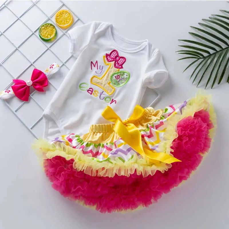 Zomer Baby Meisjes 2-PCs Sets Borduurwerk Paasei Brief T-shirt + Bow Tutu Rok Outfits Kinderen Jumpsuit E014 210610