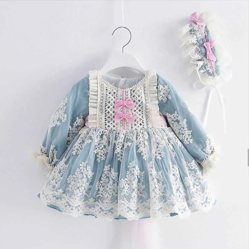 Spanska stil barn klänningar för tjejer ljusblå broderi långärmad prinsessa lolita baby kläder e5309 210610