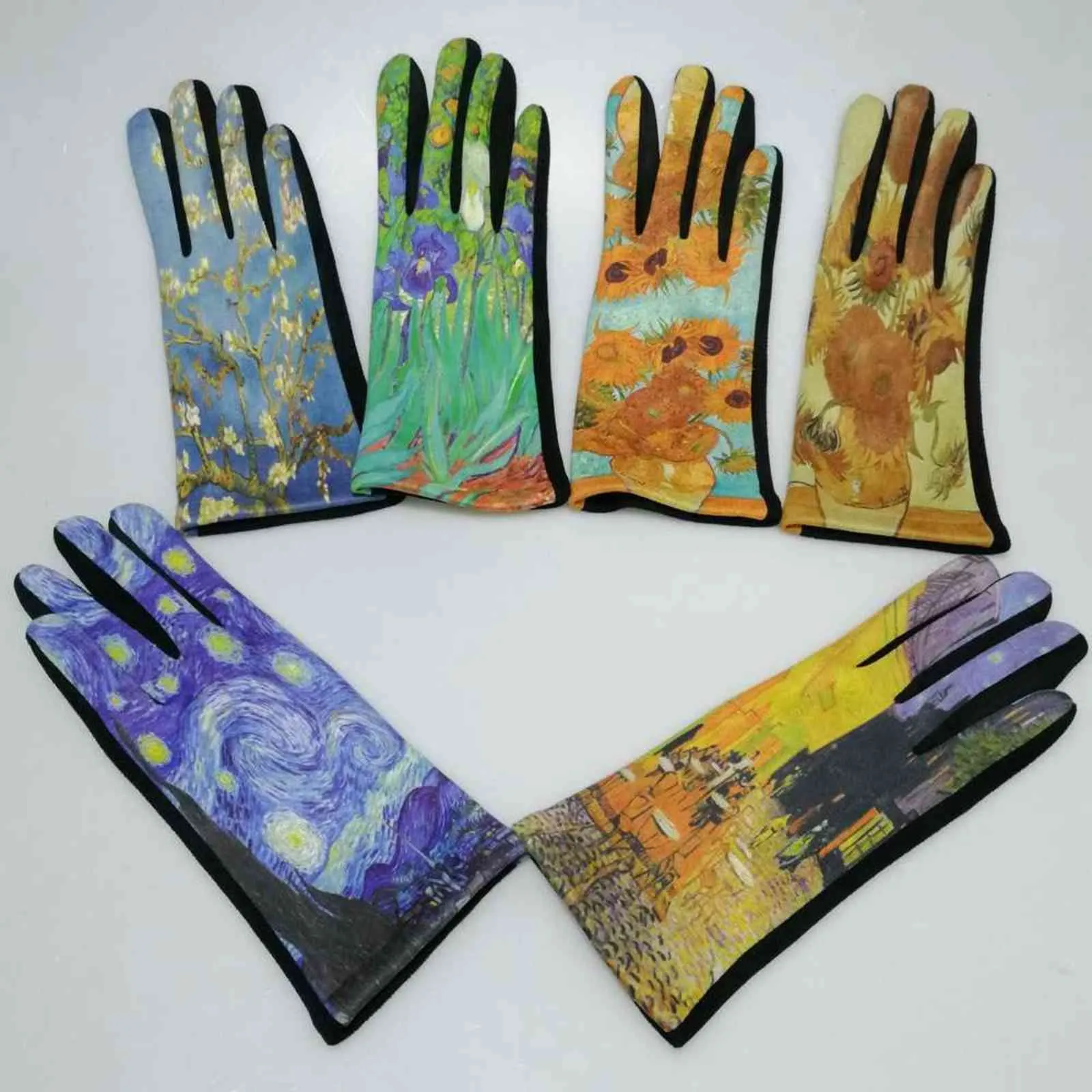 Van Gogh Olieverf Handschoenen Vrouwen Digital Print Party Wanten Luxe Merk Borduurwerk Touchscreen Handschoen Femme Fietsen Guantes